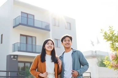 Young Korean couple celebrating their first home purchase.